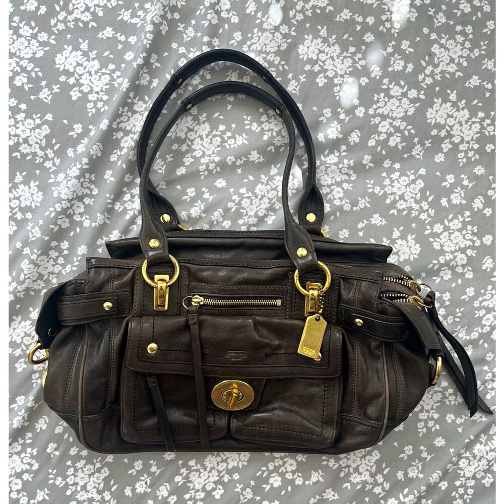 Coach Hamptons Lindsay Leather Large Satchel Bag Mineral Green Brown 12475 Y2K